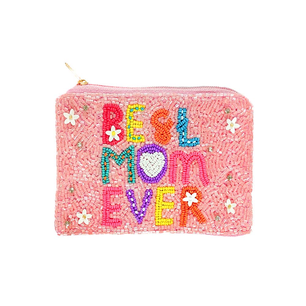 BEST MOM EVER Message Seed Beaded Flower Sequin Embellished Mini Pouch Bag