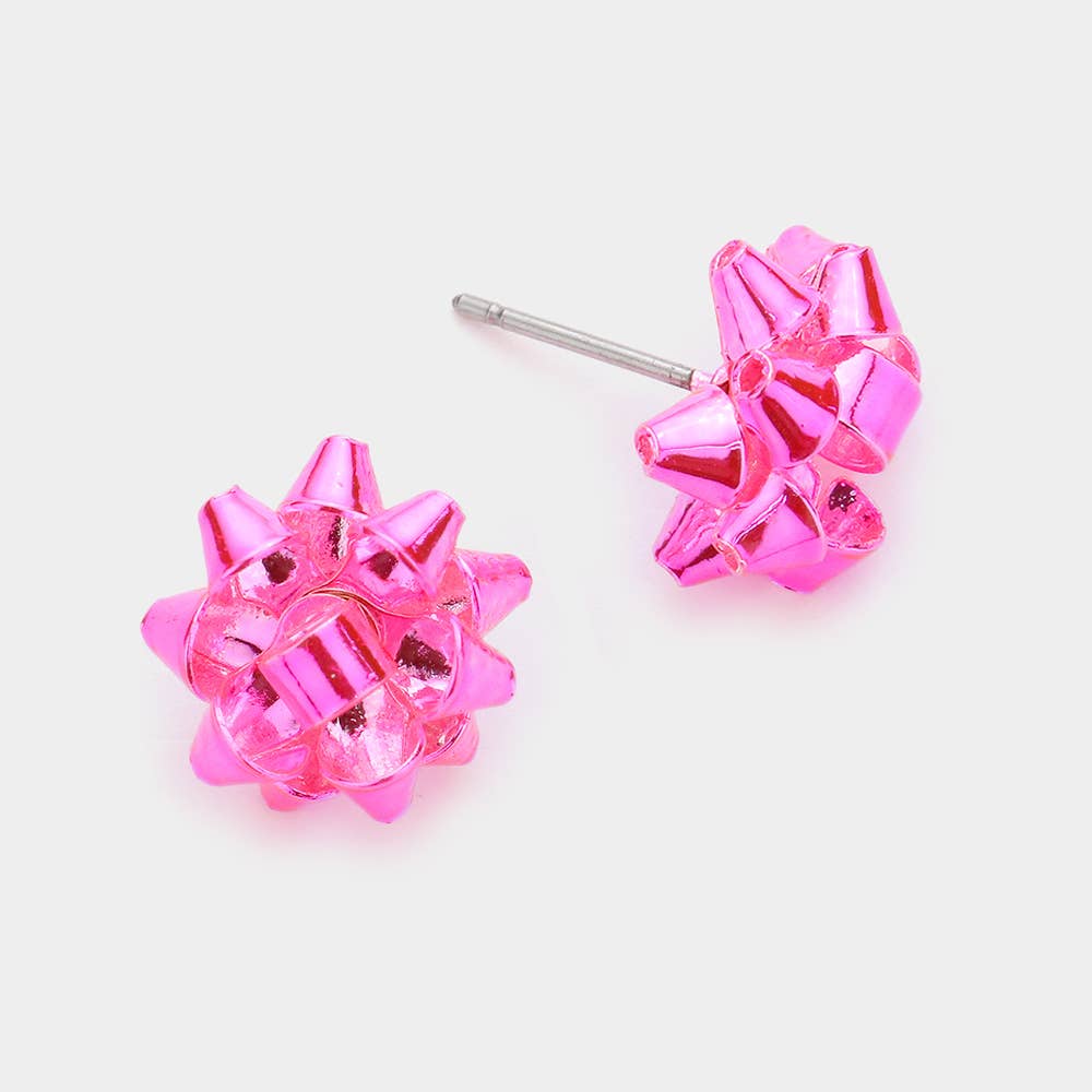 Christmas Gift Bow Stud Earrings: Pink