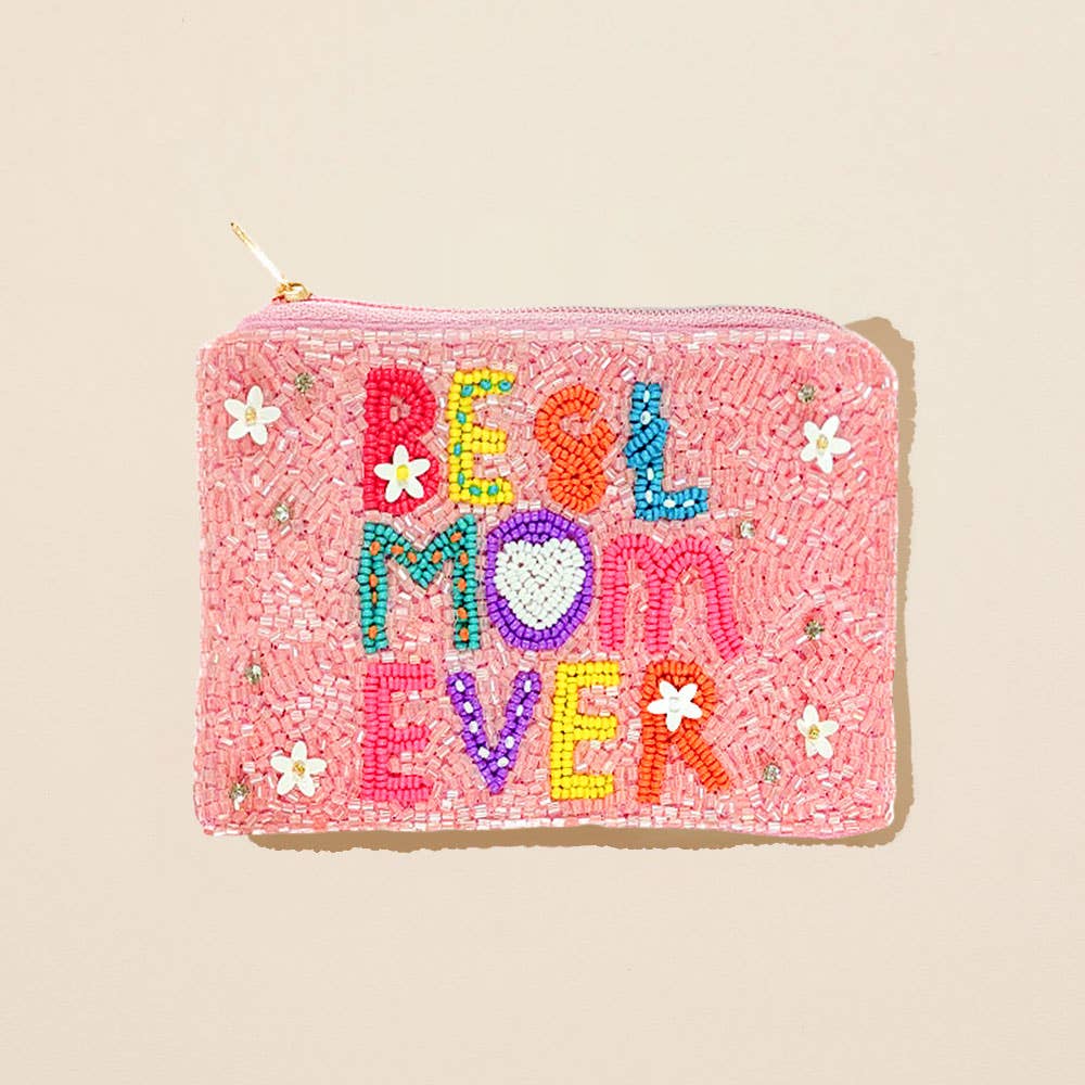 BEST MOM EVER Message Seed Beaded Flower Sequin Embellished Mini Pouch Bag